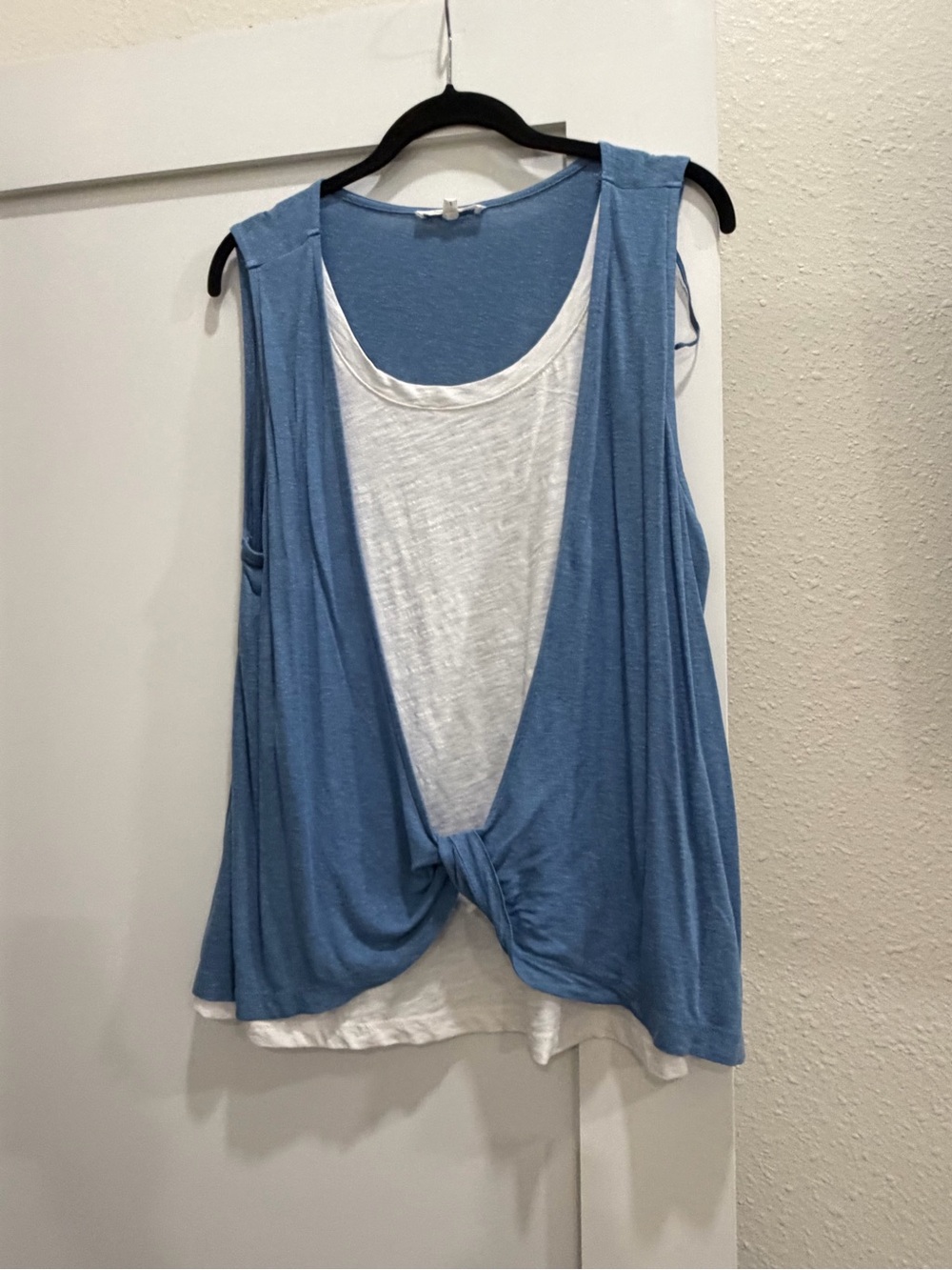 Blue & White Sleeveless Layered Tank with Front Twist from Spain